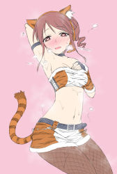 Rule 34 | animal ear fluff, animal ears, arm up, armpits, bandeau, blush, breasts, brown pantyhose, cleavage, copyright request, cross-laced clothes, cross-laced top, fake animal ears, fake tail, fingerless gloves, fishnet pantyhose, fishnets, flat color, gloves, hairband, hand up, hatching (texture), highres, idolmaster, idolmaster cinderella girls, legs together, looking at viewer, medium breasts, microskirt, midriff, mifune miyu, nekono matatabi, nose blush, pantyhose, pink background, sideboob, simple background, sketch, skirt, solo, steaming body, stomach, striped clothes, striped skirt, striped tail, tail