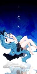 Rule 34 | 1girl, asphyxiation, bad id, bad pixiv id, barefoot, black dress, blue hair, breath, bubble, dress, drowning, closed eyes, hatsune miku, highres, long hair, reflection, shinkai shoujo (vocaloid), sleeping, solo, tami (nako), twintails, underwater, very long hair, vocaloid