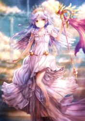 Rule 34 | 1girl, absurdres, alternate costume, angel, angel beats!, angel wings, arm at side, barefoot, blue sky, blush, breasts, cloud, column, commentary, day, dress, expressionless, eyelashes, eyes visible through hair, feathered wings, feet, floating hair, frilled dress, frills, full body, glint, goto p, grey hair, highres, holding, holding staff, light rays, long dress, long hair, looking at viewer, midair, outdoors, parted bangs, parted lips, pillar, scan, scepter, sidelocks, sky, small breasts, solo, staff, sunbeam, sunlight, tachibana kanade, tiara, toes, wand, white dress, white wings, wings, yellow eyes