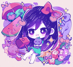 Rule 34 | + +, 1girl, aqua dress, aubrey (headspace) (omori), aubrey (omori), barefoot, blush, bow, bow sticker, bright pupils, brown background, child, colored skin, dress, flower, food, fruit, full body, gladiolus, hair between eyes, hair bow, heart stickers, highres, holding, holding stuffed toy, knees together feet apart, kohinata kanoo, leaf, long hair, looking at object, mailbox (incoming mail), mr. plantegg (omori), omori, open mouth, orange flower, outline, pink bow, pink flower, purple eyes, purple flower, purple hair, short sleeves, smile, solo, sparkle, stuffed eggplant, stuffed toy, teeth, umbrella, upper teeth only, watermelon, watermelon slice, white outline, white pupils, white skin