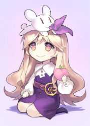 Rule 34 | 1girl, ainy, animal, animal on head, bad id, bad pixiv id, belt, blonde hair, boots, closed mouth, dress, food, fruit, full body, gradient background, holding, long hair, long sleeves, mouth hold, multicolored eyes, no headwear, on head, peach, purple background, purple dress, rabbit, seiza, shadow, sitting, smile, solo, touhou, watatsuki no toyohime