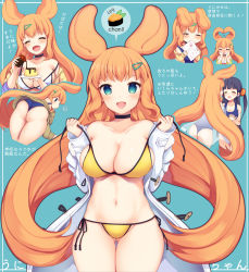 Rule 34 | 2girls, :d, ?, ass, bare shoulders, bikini, black choker, black hair, blue eyes, blue one-piece swimsuit, blush, breasts, choker, cleavage, collarbone, commentary request, food, fur-trimmed jacket, fur trim, gluteal fold, hair ornament, hairclip, heart, heart hair, highres, jacket, large breasts, long hair, looking at viewer, miyano ururu, multiple girls, navel, one-piece swimsuit, open mouth, orange hair, original, personification, pudding, school swimsuit, side-tie bikini bottom, simple background, smile, spoken question mark, sweater, swimsuit, thigh gap, translation request, untied bikini, very long hair, white jacket, yellow bikini