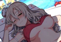 Rule 34 | 1girl, beach chair, bikini, blurry, blurry background, blush, breasts, chair, commission, enemy lifebuoy (kancolle), grey hair, hair between eyes, holding, holding own hair, kantai collection, large breasts, long hair, lying, nipple slip, nipples, official alternate costume, on back, one eye closed, outdoors, pola (kancolle), pool, shade, skeb commission, smile, solo focus, sweat, swimsuit, tsukinami kousuke, upper body