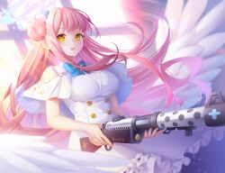 Rule 34 | 1girl, angel wings, backlighting, blue archive, blue ribbon, buttons, capelet, commentary, double-breasted, dress, feathered wings, frilled dress, frills, gun, hair bun, halo, highres, holding, holding gun, holding weapon, long hair, looking at viewer, mika (blue archive), minzieart, neck ribbon, open mouth, pink hair, ribbon, single side bun, smile, solo, upper body, very long hair, weapon, white capelet, white dress, white wings, window, wings, yellow eyes