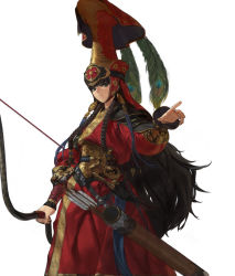 Rule 34 | 1girl, absurdres, armor, arrow (projectile), black eyes, black hair, bow (weapon), closed mouth, corset, dress, hat, hat feather, highres, holding, holding bow (weapon), holding weapon, jaeyeong, long hair, long sleeves, looking at viewer, original, peacock feathers, quiver, red dress, shoulder armor, simple background, solo, standing, weapon, white background