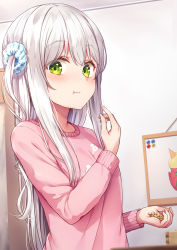 Rule 34 | 1girl, :t, blue scrunchie, blush, eating, green eyes, hair between eyes, hair ornament, hair scrunchie, highres, indoors, long hair, long sleeves, original, pink sweater, scrunchie, side ponytail, silver hair, solo, sweater, tsuchikure, upper body, very long hair