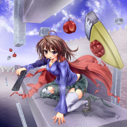 Rule 34 | 1girl, apple, belt, breasts, brown hair, cape, cherry, cleavage, floating, food, fruit, genderswap, genderswap (mtf), gun, i wanna be the guy, medium breasts, monikano, purple eyes, save point, solo, spikes, tears, the kid, thighhighs, torn clothes, weapon