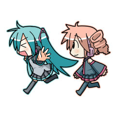 Rule 34 | &gt; &lt;, 2girls, airplane arms, aqua hair, chibi, chibi miku, crossover, drill hair, closed eyes, hatsune miku, kasane teto, minami (colorful palette), multiple girls, outstretched arms, spread arms, thighhighs, twin drills, twintails, utau, vocaloid