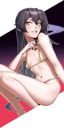 Rule 34 | 1girl, bikini, black nails, breasts, brown hair, cigarette, commentary, emile aoi, english commentary, girls&#039; frontline, gold bikini, highres, holding, holding cigarette, long hair, looking at viewer, micro bikini, navel, one side up, parted lips, scar, scar across eye, simple background, sitting, small breasts, solo, swimsuit, ump45 (girls&#039; frontline), yellow eyes