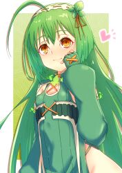 Rule 34 | 1girl, ahoge, ao-tombo, breasts, flower knight girl, gloves, green background, green gloves, green hair, hair ribbon, hairband, hand up, heart, long hair, long sleeves, mint, mint (flower knight girl), name connection, object namesake, ribbon, ribbon-trimmed headband, small breasts, smile, solo, standing, very long hair, yellow eyes