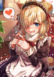 Rule 34 | 10s, 1girl, absurdres, alpaca ears, alpaca suri (kemono friends), alternate costume, animal ears, apron, bad id, bad pixiv id, blonde hair, blue eyes, blush, breasts, center frills, dress, enmaided, fingers together, flying sweatdrops, frilled apron, frills, hair over one eye, heart, highres, horizontal pupils, index fingers together, indoors, kemono friends, large breasts, long sleeves, maid, maid headdress, moze, nose blush, own hands together, painting (object), plant, puffy long sleeves, puffy sleeves, solo, sparkle, spoken heart, sweat, waist apron