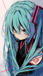 Rule 34 | 1girl, bare shoulders, black shirt, blue eyes, blue hair, blush, closed mouth, collared shirt, commentary, detached sleeves, gradient background, grey background, hair between eyes, hatsune miku, headset, long hair, looking at viewer, number tattoo, piyokichi, shirt, shoulder tattoo, solo, tattoo, twintails, upper body, very long hair, vocaloid