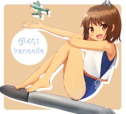 Rule 34 | 10s, 1girl, :d, aircraft, airplane, bare legs, bare shoulders, barefoot, blush, brown eyes, brown hair, character name, copyright name, feet, from side, hair ornament, high ponytail, highres, i-401 (kancolle), kantai collection, knees up, looking at viewer, md5 mismatch, negishio, open mouth, outside border, ponytail, resolution mismatch, school swimsuit, seaplane, sitting, smile, solo, source larger, swimsuit, thighs, toes, torpedo