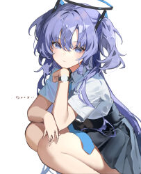 Rule 34 | 1girl, absurdres, blue archive, blush, chyoel, hair between eyes, halo, highres, looking at viewer, necktie, pleated skirt, purple eyes, purple hair, school uniform, shirt, simple background, skirt, solo, squatting, twintails, watch, white background, white shirt, wristwatch, yuuka (blue archive)