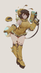 Rule 34 | 1girl, absurdres, adapted costume, antennae, arm at side, bare shoulders, beads, beekeeper mei, boots, breasts, brown hair, canister, commentary, covered navel, dress, drone, elbow gloves, energy gun, eyelashes, floating, flower, full body, gaoerji, gloves, grey eyes, gun, hair bun, hair flower, hair ornament, hair stick, hand up, high heel boots, high heels, highres, holding, holding gun, holding weapon, hose, knee boots, large breasts, legs together, looking at viewer, machinery, mei (overwatch), overwatch, overwatch 1, parted lips, pink lips, platform boots, platform footwear, ray gun, robot, short dress, short hair, simple background, single hair bun, sleeveless, sleeveless dress, smile, snowball (overwatch), solo, tassel, teeth, weapon, yellow dress, yellow footwear, yellow gloves