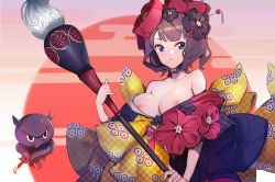 Rule 34 | 1girl, :&lt;, black eyes, black hair, black kimono, blue eyes, blush, breasts, calligraphy brush, closed mouth, collarbone, dr.wolf, egasumi, fate/grand order, fate (series), floating, flower, hair flower, hair ornament, hair stick, holding, japanese clothes, katsushika hokusai (fate), kimono, looking at viewer, medium breasts, multicolored hair, nipple slip, nipples, octopus, open clothes, open kimono, oversized object, paintbrush, short hair, solo, streaked hair, sun, tentacles, unmoving pattern, upper body