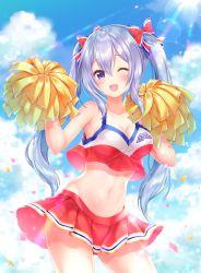 Rule 34 | 1girl, ;d, aoba chise, aoba project, armpits, bare arms, bare shoulders, blue sky, bow, breasts, cheerleader, cleavage, cloud, collarbone, confetti, cowboy shot, crop top, crop top overhang, day, groin, hair between eyes, hair bow, hands up, highres, holding, holding pom poms, lens flare, light purple hair, long hair, looking at viewer, medium breasts, midriff, miniskirt, navel, one eye closed, open mouth, outdoors, pleated skirt, pom pom (cheerleading), pom poms, purple eyes, red bow, red shirt, red skirt, sakura moyon, shirt, skirt, sky, sleeveless, sleeveless shirt, smile, solo, standing, stomach, sun, sunlight, thighs, twintails, very long hair