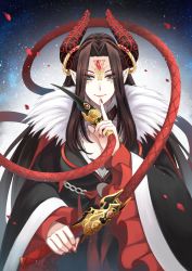 Rule 34 | 1girl, breasts, brown hair, demon girl, dress, facepaint, forehead jewel, fur trim, green eyes, highres, horn ornament, horn ring, horns, jewelry, large breasts, lipstick, long hair, looking at viewer, makeup, nail polish, pointy ears, smile, solo, thunderbolt fantasy, weapon, whip, xing hai, xunling