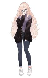 Rule 34 | 1girl, 3:, absurdres, belt, black-framed eyewear, black jacket, blonde hair, blue eyes, blue pants, denim, full body, glasses, hand up, highres, jacket, jeans, long hair, looking at viewer, mole, mole under mouth, off shoulder, open clothes, open jacket, original, pants, purple sweater, ribbed sweater, round eyewear, scrunchie, shoes, simple background, sneakers, solo, standing, star741, sweater, turtleneck, turtleneck sweater, very long hair, white background, white footwear