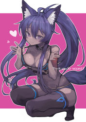Rule 34 | 1girl, absurdres, ahoge, animal collar, animal ear fluff, animal ears, bare shoulders, bikini, black collar, black thighhighs, blush, borrowed character, breasts, brown kemomimi-chan (krr), choker, collar, collarbone, commission, dark-skinned female, dark skin, dungeon and fighter, english text, fang, fang out, fox ears, fox girl, fox tail, hair between eyes, heart, highres, izayoi cha, long hair, looking at viewer, medium breasts, micro shorts, navel, no shoes, original, outline, panty straps, pink background, pixiv commission, ponytail, purple eyes, purple hair, shorts, sidelocks, smile, solo, squatting, strap lift, swimsuit, tail, thank you, thighhighs, thighs, tiptoes, twintails, underboob, very long hair, white outline