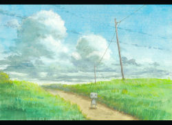 Rule 34 | blue sky, cloud, cloudy sky, commentary request, day, field, grass, hotaka, letterboxed, looking at viewer, no humans, non-humanoid robot, original, outdoors, path, power lines, road, robot, scenery, sky, standing, utility pole