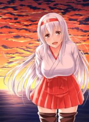Rule 34 | 10s, 1girl, bad id, bad pixiv id, blouse, boots, breasts, brown eyes, cloud, hairband, japanese clothes, kantai collection, long hair, ocean, open mouth, primamiya, shirt, shoukaku (kancolle), skirt, smile, solo, sun, sunset, thigh boots, thighhighs, white hair
