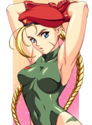 Rule 34 | 1990s (style), 1girl, absurdres, arms behind head, arms up, blonde hair, blue eyes, braid, breasts, cammy white, closed mouth, fingerless gloves, gloves, green leotard, highres, large breasts, leotard, looking at viewer, red gloves, red headwear, retro artstyle, sirknightbot, solo, street fighter, street fighter 6, twin braids, upper body