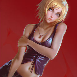 Rule 34 | 1girl, aya brea, bare arms, bare shoulders, blonde hair, blue eyes, dutch angle, expressionless, eyebrows hidden by hair, female focus, holding own arm, ilya kuvshinov, lips, midriff, navel, nose, parasite eve, red background, short hair, simple background, solo, tsurime, upper body