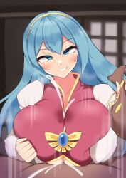 Rule 34 | 1boy, 1girl, absurdres, blue eyes, blue hair, blush, breasts, breasts squeezed together, breath, clothed paizuri, coins, cum, cum on body, cum on breasts, cum on clothes, cum on upper body, cum stain, dress, ejaculation, estpolis denki, eye contact, gem, hairband, highres, holding, jewelry, large breasts, long hair, looking at another, looking at viewer, lufia, merchant, money, money bag, motion lines, naughty face, okera mushi, paizuri, paizuri under clothes, parted lips, pov, puffy sleeves, smile, smug, steam, sweat, tia (estpolis denki)