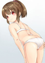 Rule 34 | 1girl, ass, bare arms, bare shoulders, blush, bra, breasts, brown hair, butt crack, child, closed mouth, commentary request, crotch seam, eyelashes, from behind, gradient background, hair ornament, hair scrunchie, high ponytail, highres, hori yuuko, idolmaster, idolmaster cinderella girls, leaning forward, looking at viewer, looking back, medium breasts, medium hair, panties, purple scrunchie, red eyes, scrunchie, short ponytail, sidelocks, smile, solo, sora (silent square), standing, tareme, underwear, underwear only, white bra, white panties