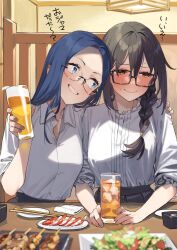 Rule 34 | 2girls, 92m, alcohol, beer, black-framed eyewear, blue eyes, blue hair, blue nails, blush, braid, braided ponytail, closed mouth, collared shirt, cup, dateko (92m), drink, fingernails, food, glasses, highres, holding, holding cup, kakita (92m), long hair, looking at another, multiple girls, nail polish, original, shirt, sitting, smile, translation request, wavy mouth, white shirt, yellow eyes
