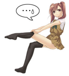 Rule 34 | ..., 1girl, asymmetrical clothes, black thighhighs, brown eyes, brown hair, dressing, feet, full body, legs, original, piyodera mucha, simple background, single thighhigh, solo, spoken sweatdrop, sweatdrop, thighhighs, twintails, white background