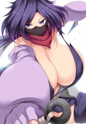 Rule 34 | 1girl, alternate breast size, ayame (gundam build divers), bare shoulders, black thighhighs, breasts, cleavage, covered face, covered mouth, detached sleeves, fingerless gloves, gloves, groin, gundam, gundam build divers, highres, holding, holding weapon, huge breasts, japanese clothes, kunai, leg up, long hair, low ponytail, mask, mouth mask, ninja, ninja mask, outstretched arms, parted bangs, purple eyes, purple gloves, purple hair, red scarf, revealing clothes, scarf, simple background, skindentation, solo, thighhighs, thighs, torn clothes, tsukasawa takamatsu, v-shaped eyebrows, weapon, white background