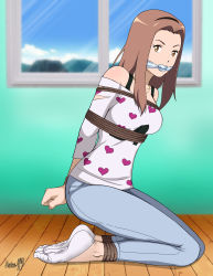 Rule 34 | 1girl, absurdres, bdsm, bondage, bound, bound ankles, bound wrists, breast bondage, breasts, brown eyes, brown hair, cleave gag, cloth gag, denim, digimon, digimon adventure tri., gag, gagged, heart, highres, improvised gag, jeans, jewelry, looking at viewer, necklace, pants, shadow xcp, shirt, socks, tachikawa mimi, white shirt