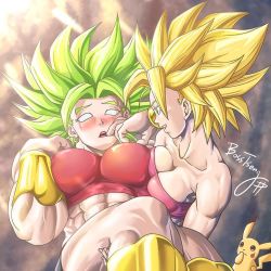 Rule 34 | 2girls, abs, armored boots, artist name, asymmetrical docking, black shorts, blush, boots, bosstseng, bracer, breast press, breasts, carrying, caulifla, collarbone, covering own mouth, creatures (company), dragon ball, earrings, game freak, gen 1 pokemon, hand over own mouth, hoop earrings, impossible clothes, jewelry, kale (dragon ball), looking at another, multiple girls, muscular, muscular female, nintendo, pikachu, pokemon, pokemon (creature), princess carry, shorts, signature, smile, sports bra, super saiyan, vambraces, veins