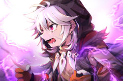 Rule 34 | 1boy, black jacket, brown shirt, earrings, fangs, genshin impact, gloves, grey hair, hair between eyes, hood, hood up, hooded jacket, jacket, jewelry, looking away, male focus, necklace, open clothes, open jacket, open mouth, orange gloves, partially fingerless gloves, purple eyes, razor (genshin impact), shirt, sleeveless, sleeveless jacket, solo, tachitsu teto, tooth necklace, v-shaped eyebrows