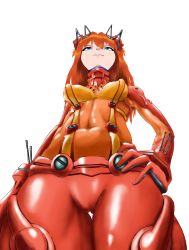 Rule 34 | 1girl, absurdres, alternate hairstyle, artist request, bodysuit, breasts, crossed legs, curvy, evangelion: 2.0 you can (not) advance, highres, lips, long hair, looking away, low angle, neon genesis evangelion, perspective, plugsuit, rebuild of evangelion, red bodysuit, see-through, see-through bodysuit, shiny clothes, shiny skin, skin tight, solo, souryuu asuka langley, standing, test plugsuit, thighs, very long hair, white background, wide hips