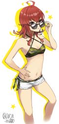 Rule 34 | 1girl, adjusting eyewear, ahoge, arashi (kancolle), bare arms, bare shoulders, bikini, breasts, brown eyes, brown hair, camouflage, camouflage bikini, cleavage, criss-cross halter, feet out of frame, fingernails, grin, hair between eyes, halterneck, hand on eyewear, hand on own hip, hand up, highres, kantai collection, long hair, looking at viewer, looking over eyewear, medium hair, messy hair, navel, parted lips, shadow, short shorts, shorts, simple background, small breasts, smile, solo, star (symbol), sunglasses, swimsuit, twitter username, white background, white shorts, yamashichi (mtseven)