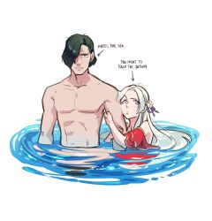 Rule 34 | 1boy, 1girl, abs, black hair, breasts, closed mouth, edelgard von hresvelg, fire emblem, fire emblem: three houses, fire emblem heroes, floof n wool, frilled one-piece swimsuit, frills, hair over one eye, hair ribbon, highres, hubert von vestra, hug, long hair, looking at viewer, nintendo, official alternate costume, one-piece swimsuit, open mouth, purple eyes, red one-piece swimsuit, ribbon, short hair, simple background, swimsuit, water, white hair