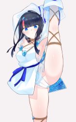 Rule 34 | 1girl, bare shoulders, black hair, blue eyes, blue ribbon, blush, breasts, collarbone, detached leggings, dress, fate/grand order, fate/requiem, fate (series), fundoshi, japanese clothes, jewelry, large breasts, long sleeves, looking at viewer, magatama, magatama hair ornament, magatama necklace, medium hair, multicolored hair, necklace, pelvic curtain, pink hair, puffy long sleeves, puffy sleeves, ribbon, seigaiha, short dress, sideboob, sideless outfit, solo, split, spread legs, standing, standing on one leg, standing split, streaked hair, thighs, utsumi erice, white dress, white legwear, yoosai