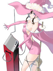 Rule 34 | 1girl, backless dress, backless outfit, bare shoulders, blue eyes, breasts, broom, brown hair, dress, elbow gloves, facial tattoo, gloves, hat, instrument, large breasts, long hair, looking at viewer, music, no bra, pink hat, playing instrument, short dress, short hair, sidelocks, simple background, solo, tattoo, theremin, v lila f, white background, witch, witch hat, yasuda suzuhito, yozakura quartet