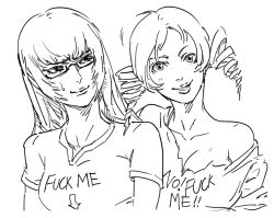 Rule 34 | 2girls, atlus, bad id, bare shoulders, bb (baalbuddy), breasts, catherine, catherine (game), cleavage, clothes writing, drawfag, drill hair, english text, frown, fuck-me shirt, fuck-me t-shirt, glasses, greyscale, inactive account, katherine mcbride, lips, long hair, meme attire, monochrome, multiple girls, off shoulder, parted lips, profanity, semi-rimless eyewear, short hair, simple background, smile, sweatdrop, twin drills, twintails, under-rim eyewear, white background