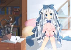 Rule 34 | 1girl, blue bow, blue bowtie, blue eyes, blue ribbon, blue skirt, blush, book, bookshelf, bow, bowtie, chest of drawers, closed mouth, collared shirt, commentary request, day, frilled skirt, frills, hair between eyes, hair bow, hair ribbon, head tilt, highres, indoors, inkwell, kushida you, lantern, long hair, looking at viewer, hugging object, original, paper, pectorals, pillow, puffy short sleeves, puffy sleeves, ribbon, shirt, short sleeves, silver hair, sitting, skirt, solo, stuffed animal, stuffed rabbit, stuffed toy, very long hair, white shirt, window