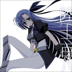 Rule 34 | 00s, 1girl, black gloves, from side, ginga nakajima, gloves, green eyes, hachikei, long hair, looking at viewer, looking to the side, lyrical nanoha, mahou shoujo lyrical nanoha, mahou shoujo lyrical nanoha strikers, pantyhose, silver hair, simple background, sitting, solo, very long hair, white background, white pantyhose