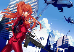 Rule 34 | 1girl, aircraft, ass, assault rifle, bad id, bad pixiv id, blue eyes, blue sky, bodysuit, bracer, breasts, building, city, cloud, contrail, cowboy shot, crane (machine), day, duct tape, dutch angle, floating hair, from side, gloves, gun, hair between eyes, hair ornament, hand on own hip, helicopter, hullabaloo, lamppost, legs apart, light smile, long hair, looking to the side, medium breasts, neon genesis evangelion, orange hair, outdoors, pilot suit, plugsuit, profile, rebuild of evangelion, red hair, rifle, scope, sky, skyline, skyscraper, smile, solo, souryuu asuka langley, traffic light, two side up, weapon