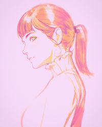 Rule 34 | 1girl, bad id, bad tumblr id, blunt bangs, close-up, closed mouth, highres, ilya kuvshinov, looking at viewer, monochrome, original, pink background, profile, red hair, short hair, short ponytail, solo, sweater, turtleneck, turtleneck sweater