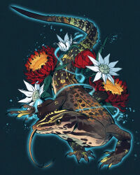 Rule 34 | animal, animal focus, blue background, blue outline, brown eyes, commentary, english commentary, flower, flower request, full body, highres, lizard, long tongue, monitor lizard, no humans, original, outline, red flower, rentgraham, reptile, simple background, solo, tongue, tongue out, white flower