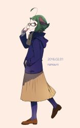 Rule 34 | 1girl, ahoge, alternate costume, animal ears, artist name, bespectacled, blue coat, blue pantyhose, brown footwear, brown skirt, closed mouth, coat, dated, dog ears, full body, glasses, green-framed eyewear, green eyes, green hair, hand in pocket, highres, kasodani kyouko, long sleeves, namauni, pantyhose, shoes, short eyebrows, short hair, simple background, skirt, smile, solo, striped clothes, striped pantyhose, touhou, vertical-striped clothes, vertical-striped pantyhose, yellow background
