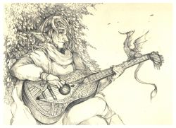 Rule 34 | 1boy, acoustic guitar, animal ears, aohato, dragon, guitar, instrument, instrument request, long hair, male focus, monochrome, original, sitting, solo, traditional media, tree