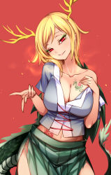 Rule 34 | 1girl, antlers, beckoning, blonde hair, breast tattoo, breath, check commentary, collarbone, come hither, commentary request, cowboy shot, dragon girl, dragon horns, dragon tail, flower tattoo, highres, horns, kicchou yachie, looking at viewer, medium hair, midriff, navel, off shoulder, pointy ears, raptor7, red background, shell, short hair, simple background, skirt, smile, solo, tail, tattoo, torn clothes, touhou